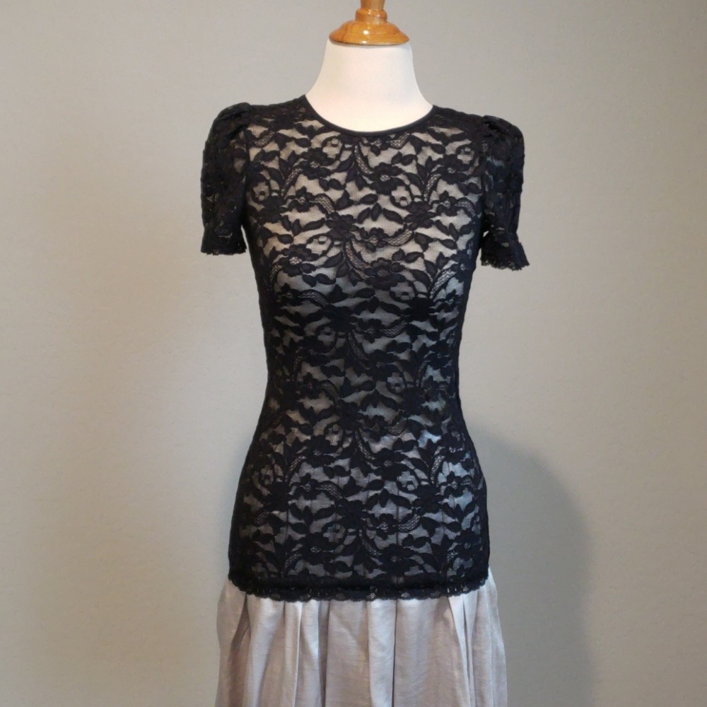 Sheer black lace top with puff sleeves